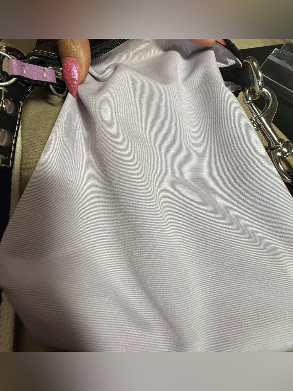 Coach Black Crossbody Bag with White-Trim Strap and Lavender lining. - Picture 6 of 9